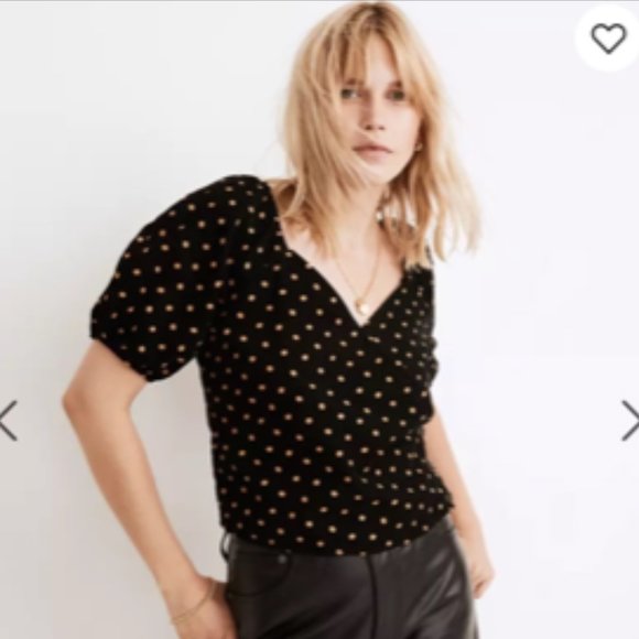 Madewell Tops - Madewell Black Corduroy Puff Sleeve Wrap Top with Gold Polka Dots - Medium